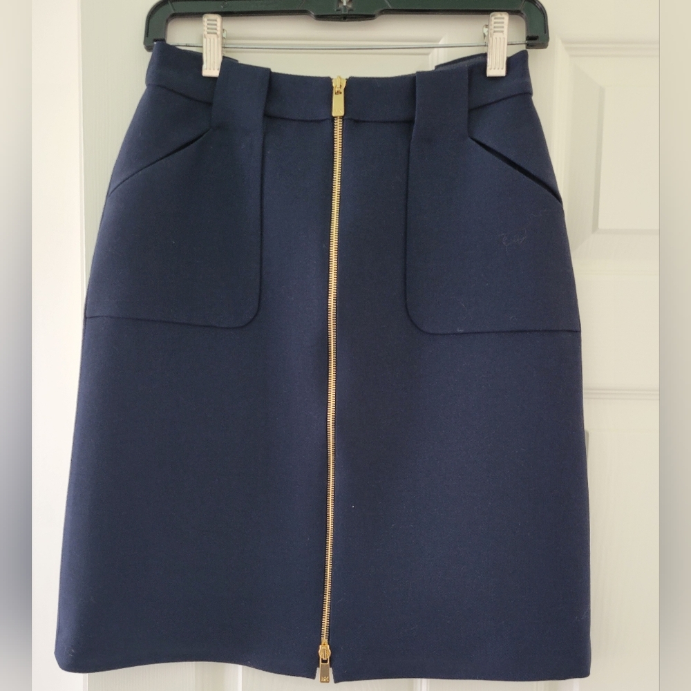 Michael Kors, Navy Blue Gold Zipper Front Skirt, Size 2, Made In ITALY